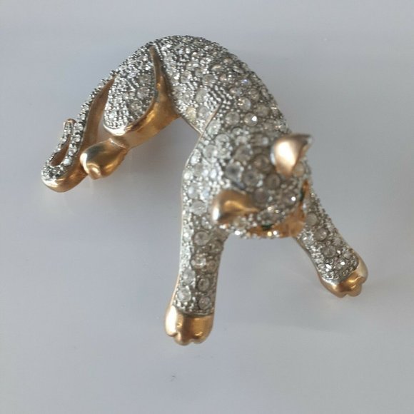 Huge Vintage gold and diamond leopard Cat brooch Pin Swarovski Emerald eyes Cat - Picture 2 of 6
